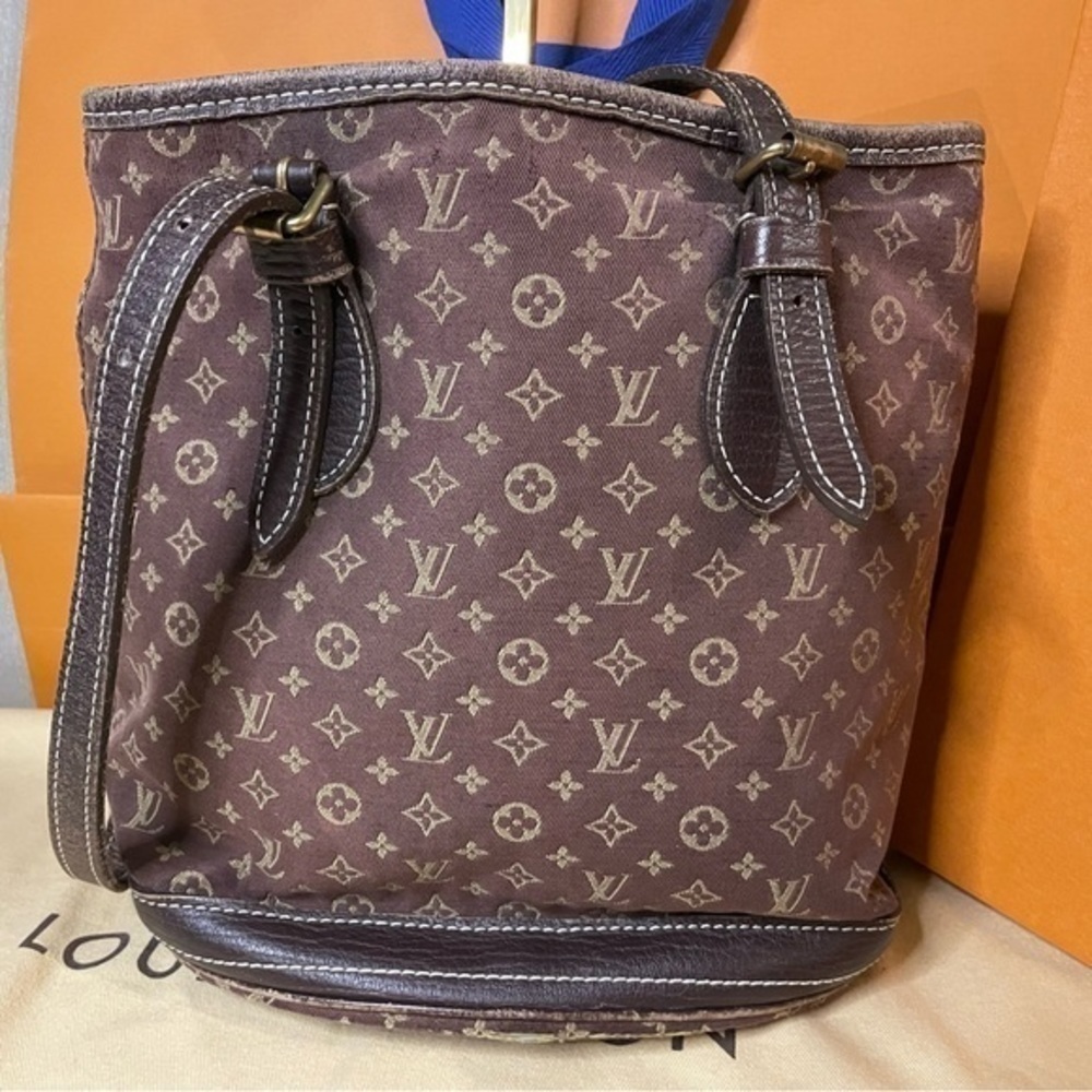 Authentic LOUIS VUITTON Monogram Mini Lin Bucket PM Shoulder Bag Brown - Picture 3 of 13
